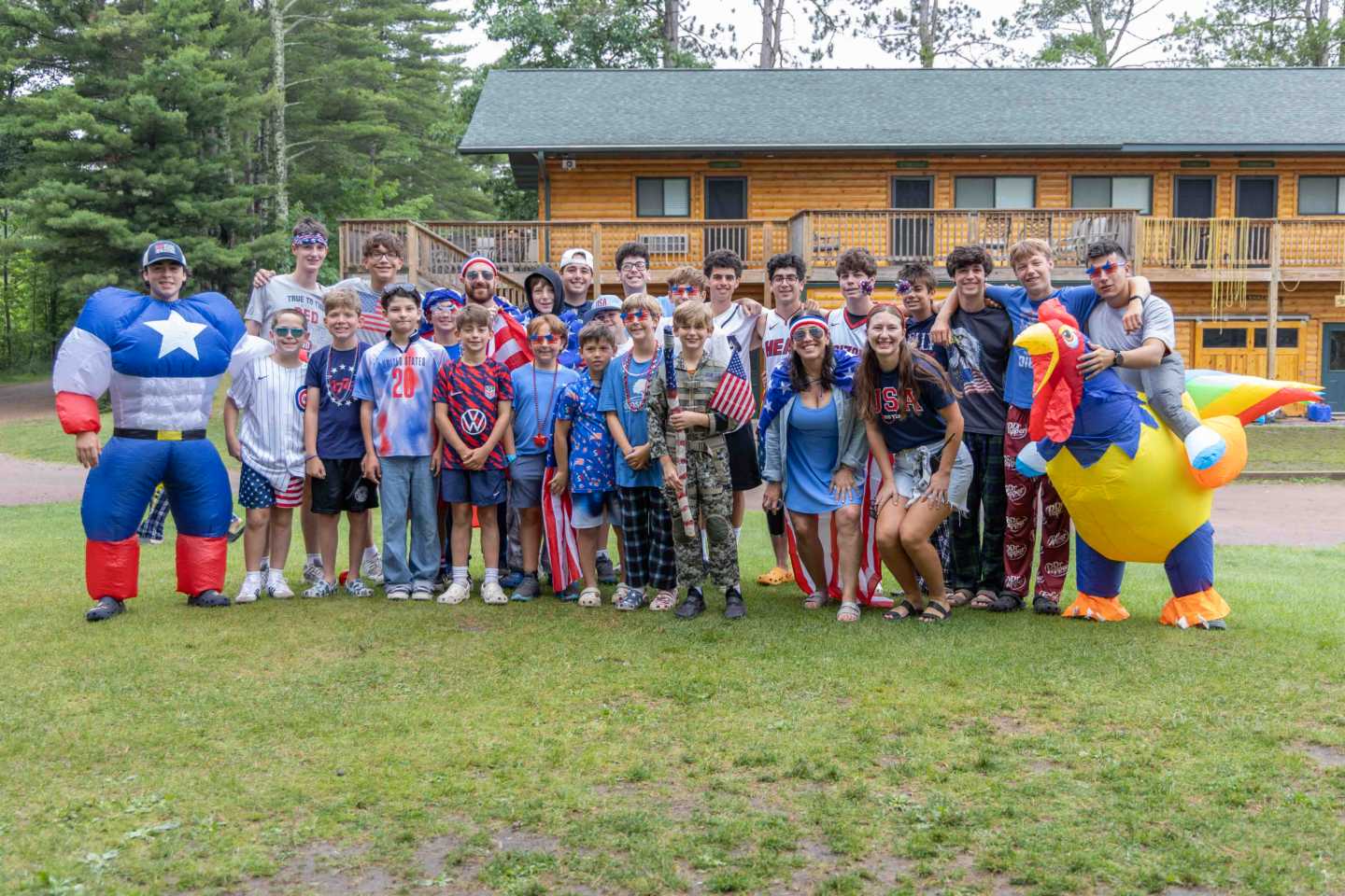 Campers dressed in red, white, and blue for the Fourth of July at North Star Camp for Boys