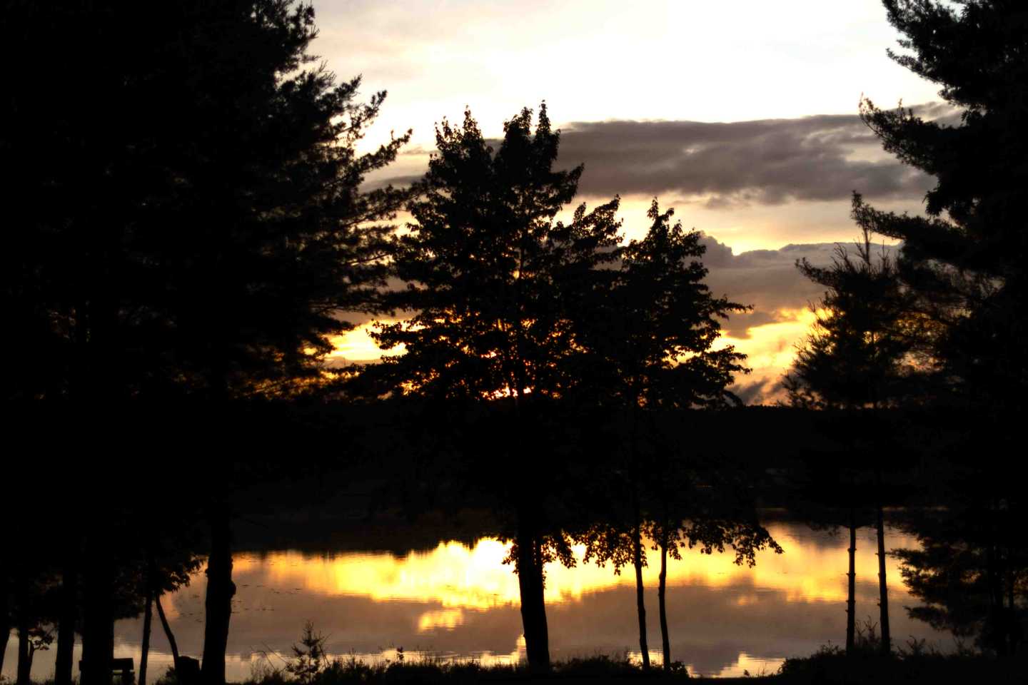 Campers gathered at the Council Ring for the Friendship Fire at sunset over the lake